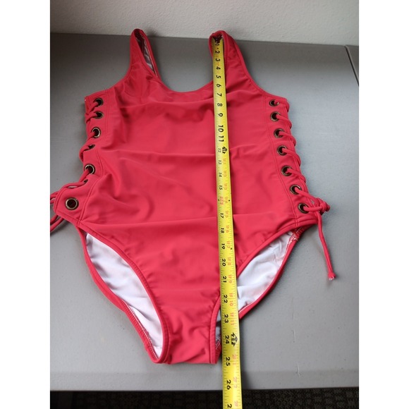 Vintage 80s Womens One Piece Swimsuit 12 Red High‎ Cut Sexy Baywatch Open Sides - Picture 10 of 12